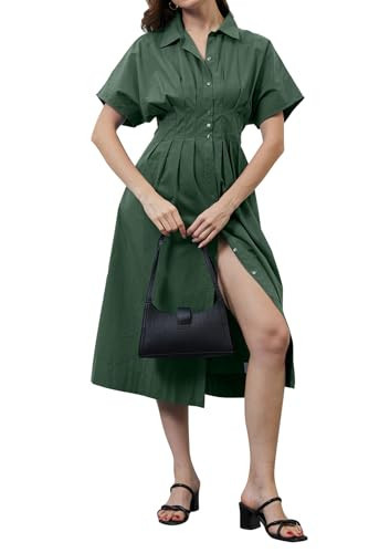 calbatic Women Striped Button Down Pleated Shirt Dress Summer Short Sleeve Ruffle A Line Swing Long Blouse Midi Long Dress Dark Green | Amazon (US)