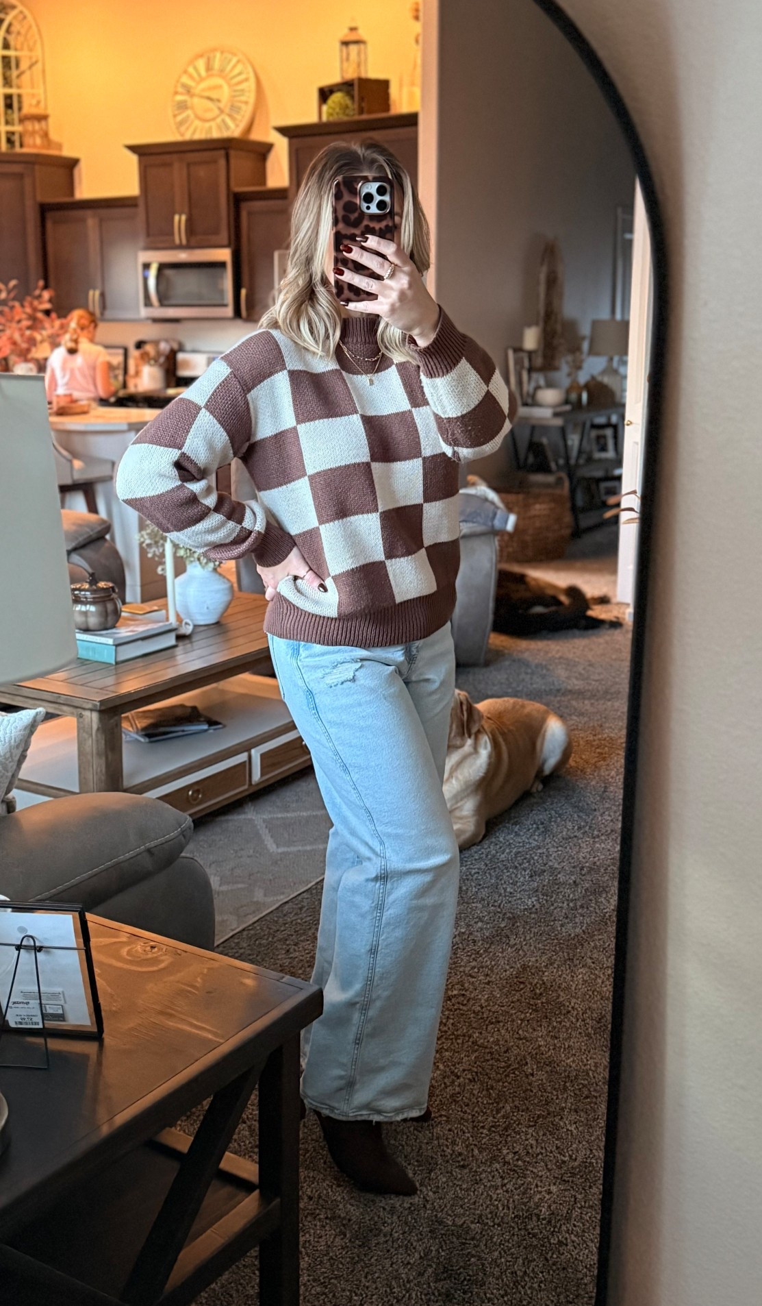 Checkered sweater and wide leg jeans for fall, functional for a casual office outfit or a weekend out and about #fallstyle #fallsweater #casualstyle 

#LTKStyleTip #LTKSeasonal #LTKMidsize