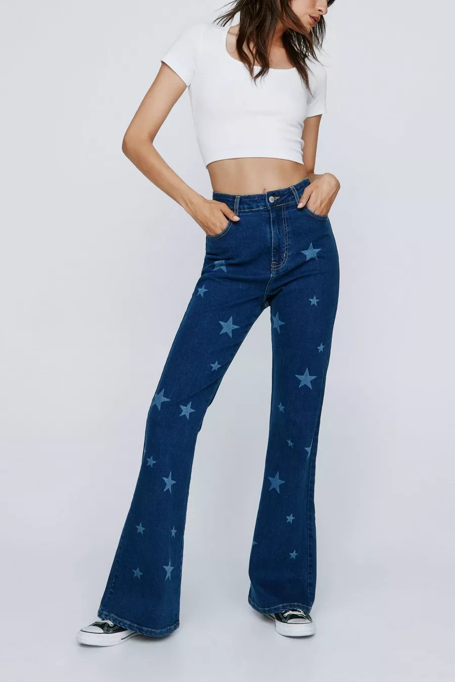 Star Print Stretch Denim Flared Pants | Nasty Gal (US)