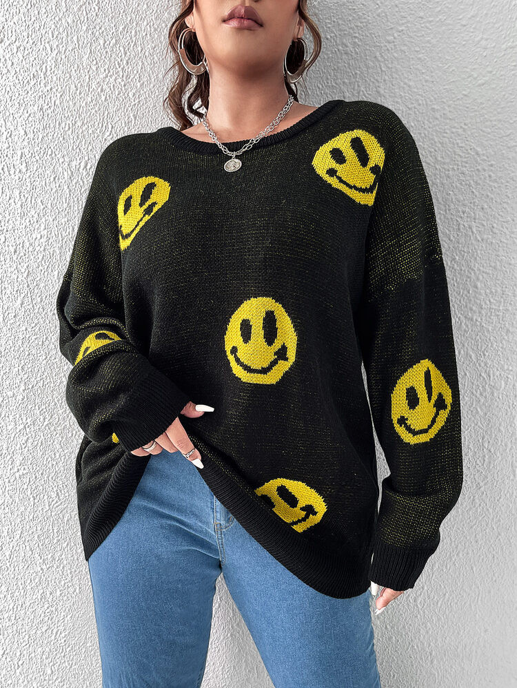 SHEIN EZwear Plus Expression Pattern Drop Shoulder Sweater | SHEIN