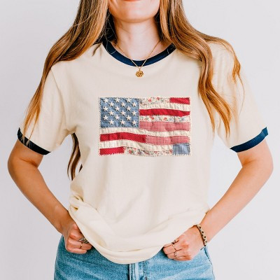 American Flag Faux Patchwork - Women's Ringer Graphic T-Shirt | Target