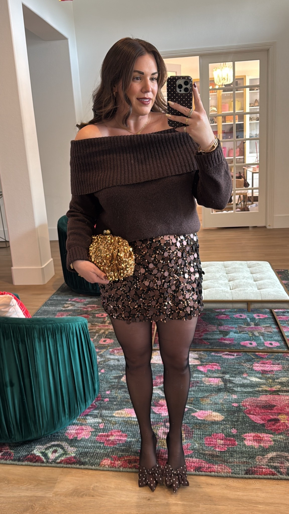 curvy midsize fall thanksgiving friendsgiving outfit! wearing size large in off the shoulder chocolate brown sweater and size xl in brown sequin skirt 

#LTKHoliday #LTKFindsUnder50 #LTKMidsize