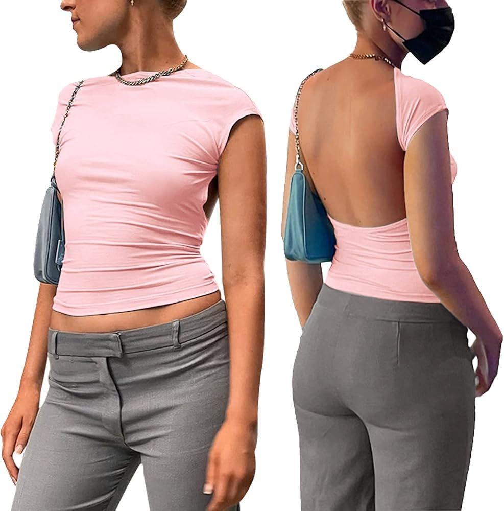 ForeFair Women Sexy Backless Short Sleeve Slim Fit Crewneck Summer Casual Y2K Crop Tee | Amazon (US)