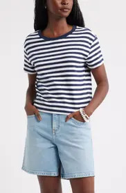 Drop Shoulder Short Sleeve Stripe Cotton Tee (Women) | Nordstrom | Nordstrom