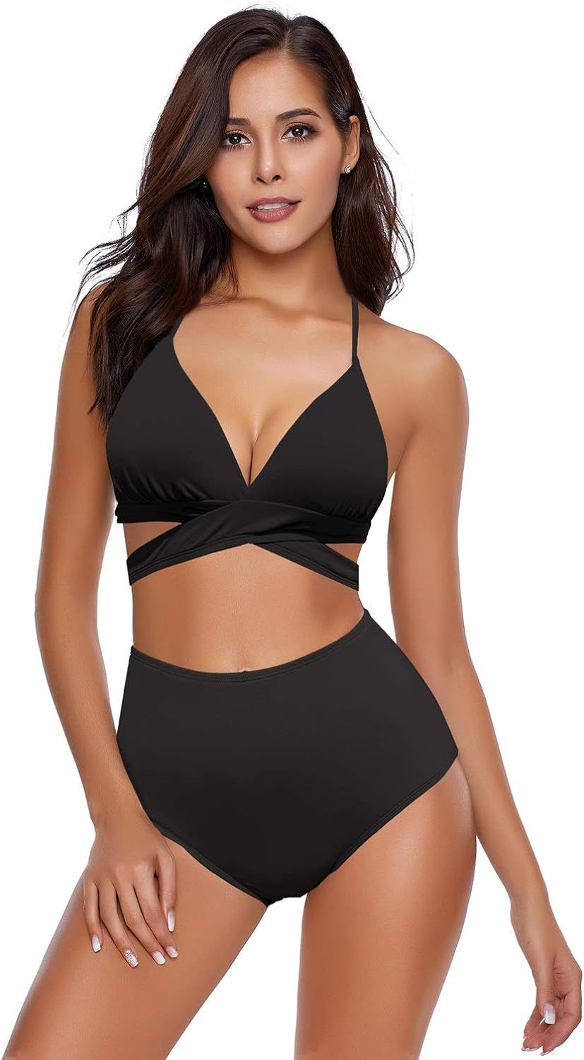 luvamia Women's Halter Self Tie Ruched High Waist Two Piece Bikini Set Swimsuits | Amazon (US)