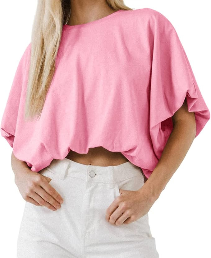 Women's Summer Crewneck Crop Tops Short Sleeve Casual Loose Cropped T Shirts | Amazon (US)