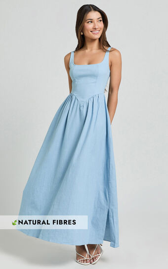 Rhaziya Midi Dress - Sleeveless Straight Neck Fit and Flare Dress in Blue | Showpo (US, UK & Europe)