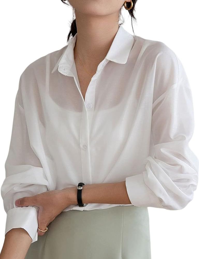 Arssm Sheer Button Up Blouse Mesh Shirt Women Long Sleeve Sexy See Through Top Fashion Black Tren... | Amazon (US)