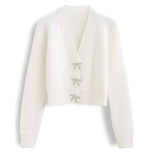 CHICWISH Women Crop Cardigan Sweaters Bowknot Brooch Button Knit Cardigans Open Front Long Sleeves White Sweater Tops | Amazon (US)