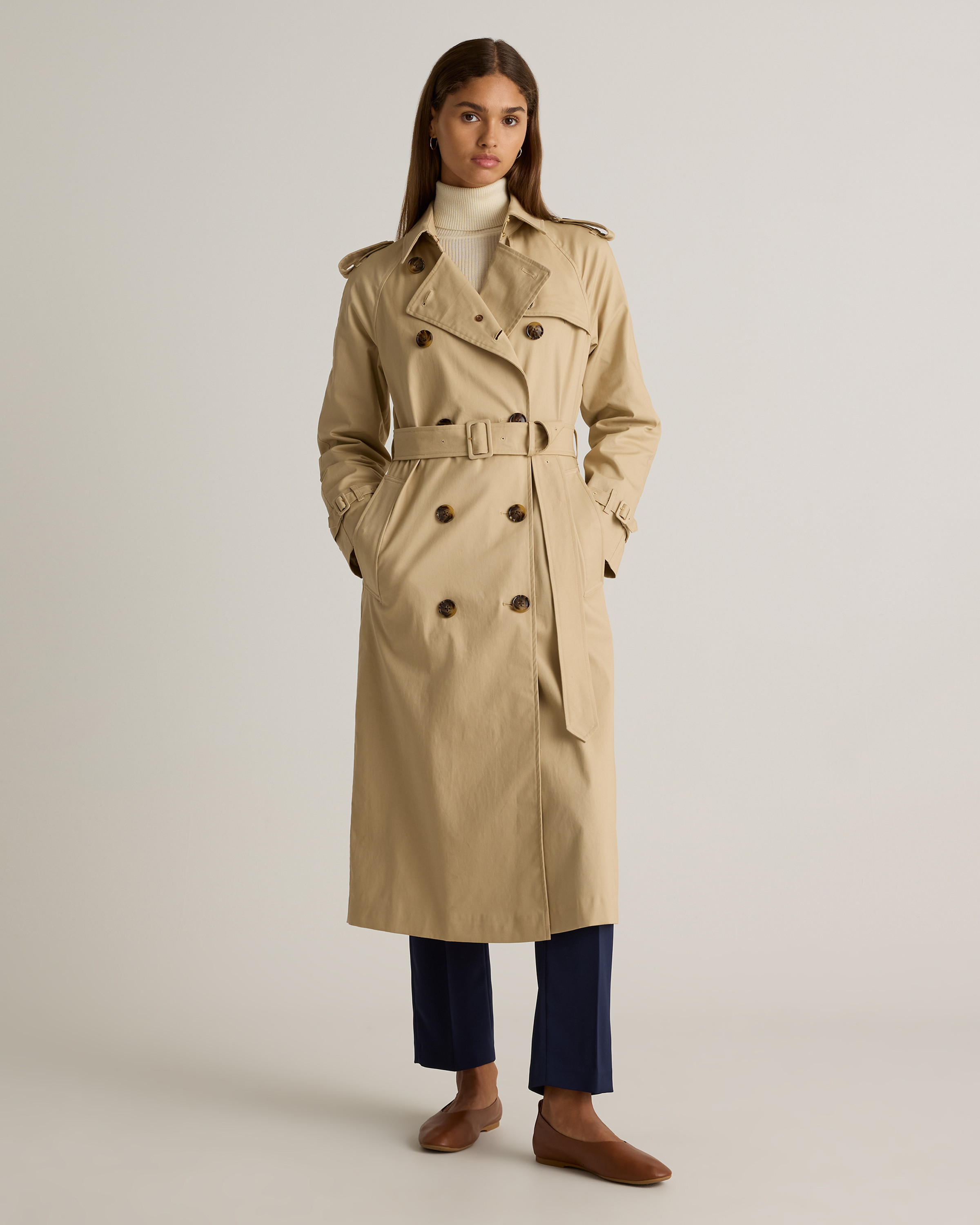Quince | Women's Comfort Stretch Long Trench Coat in Light Khaki, Size XL, Organic Cotton | Quince