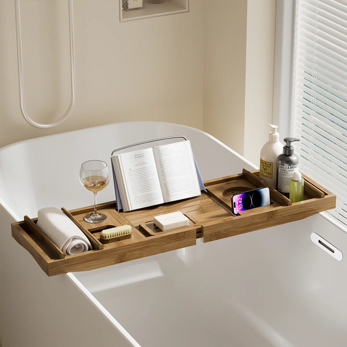 Bath Caddy Tray For Bathtub - Bamboo Adjustable Organizer Tray For Bathroom With Free Soap Dish S... | Wayfair North America