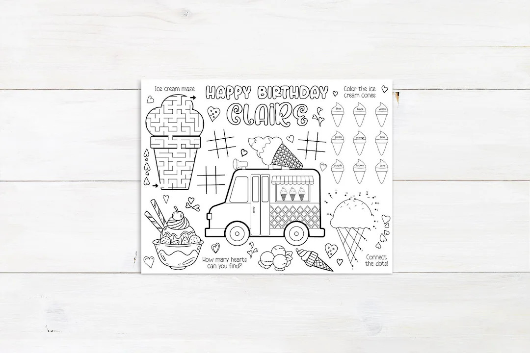 Ice Cream Truck Coloring Placemat, Ice Cream Party Coloring Page, Personalized Kids Coloring Page... | Etsy (US)