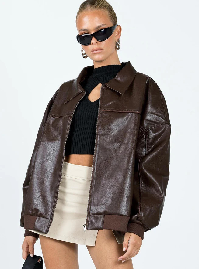Goldsmith Faux Leather Bomber Jacket Brown | Princess Polly AU