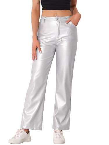 Allegra K Faux Leather Pants for Women's High Waist Straight Leg Punk PU Trousers Small Silver | Amazon (US)