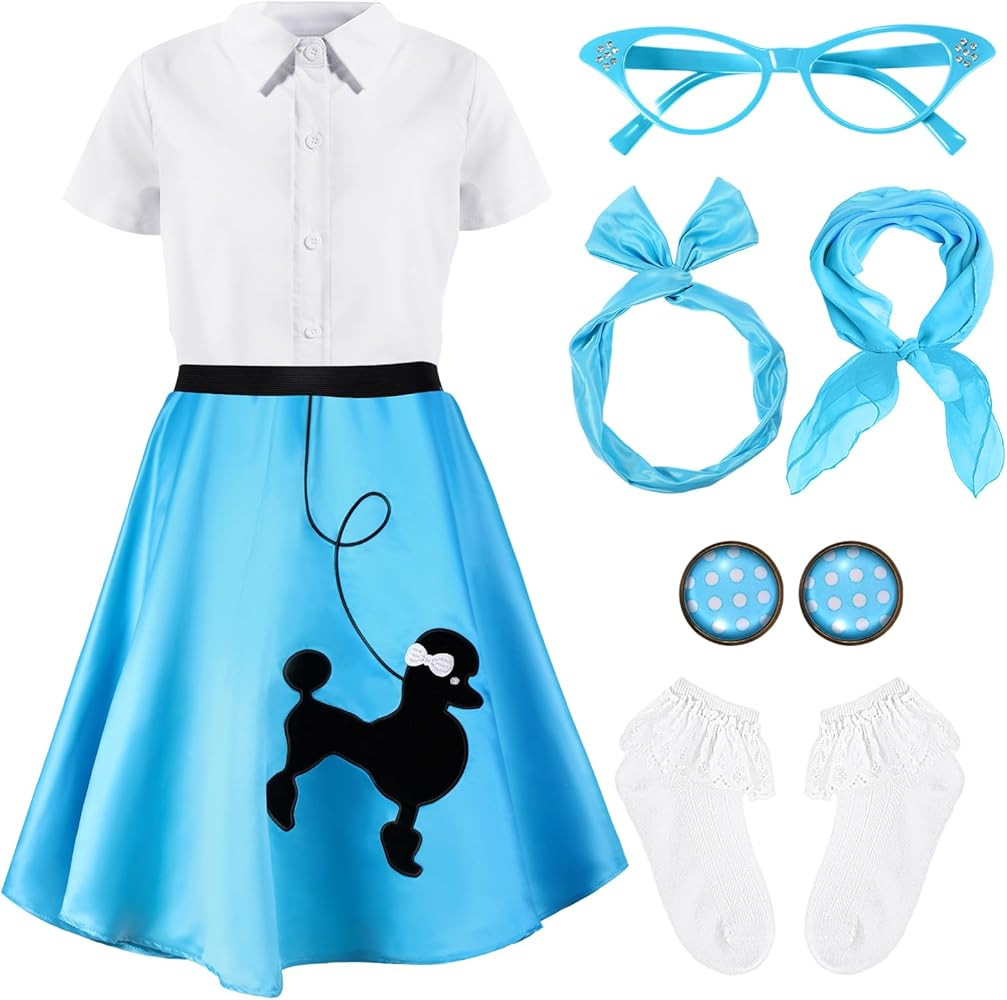 1950s Kids Poodle Skirt 50s Sock Hop Costume with Shirt Scarf Headband Earrings Glasses Socks | Amazon (US)