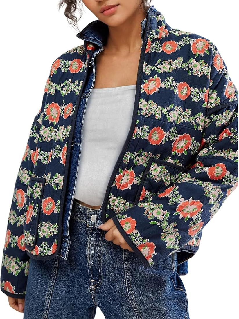 Omoone Women's Cropped Quilted Jacket Floral Printed LightWeight Padded Puffer Cardigan Coat Outw... | Amazon (US)