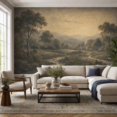 Vintage Landscape Wallpaper Rustic Countryside Sepia Tones Wall Mural | Wayfair North America