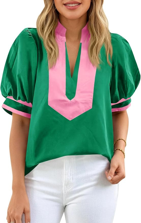 Cicy Bell Womens Color Block Puff Sleeve Blouses Summer Casual Dressy V Neck Tops Loose Fit Tee S... | Amazon (US)