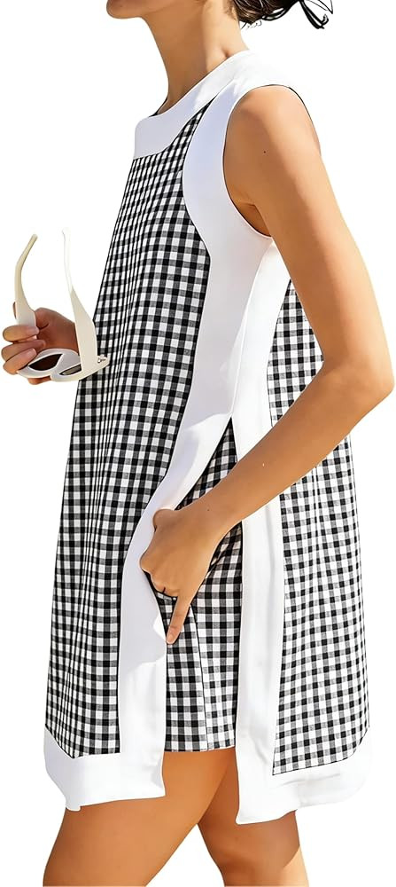 Bankeng Women's 2 Piece Sets Casual Color Block Crewneck Sleeveless Plaid Pullover Tops Matching ... | Amazon (US)