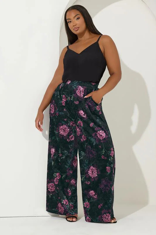 YOURS Plus Size Black Velour Floral Wide Leg Trousers | Yours Clothing UK