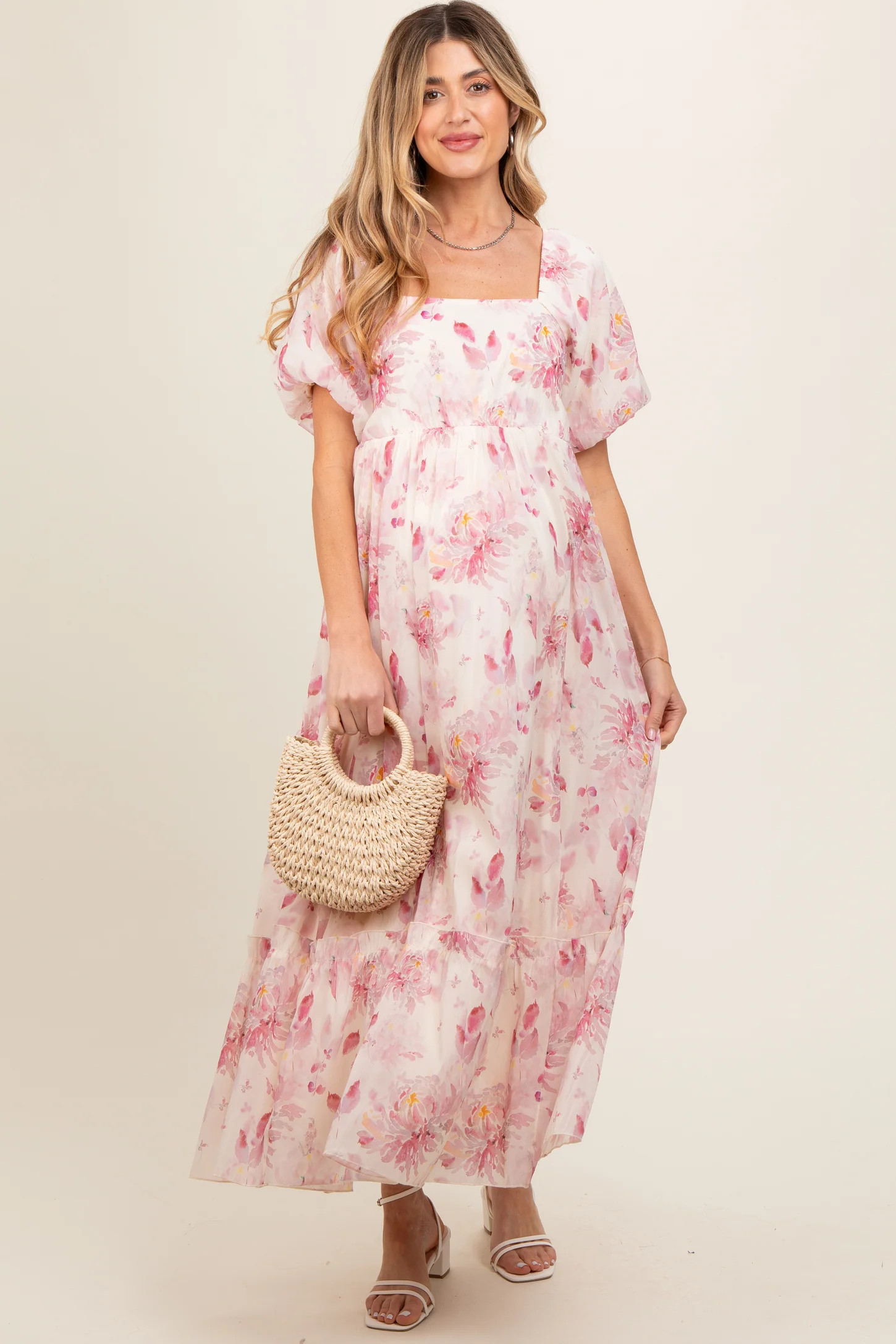 Red Puff Sleeve Square Neck Maternity Dress | PinkBlush Maternity