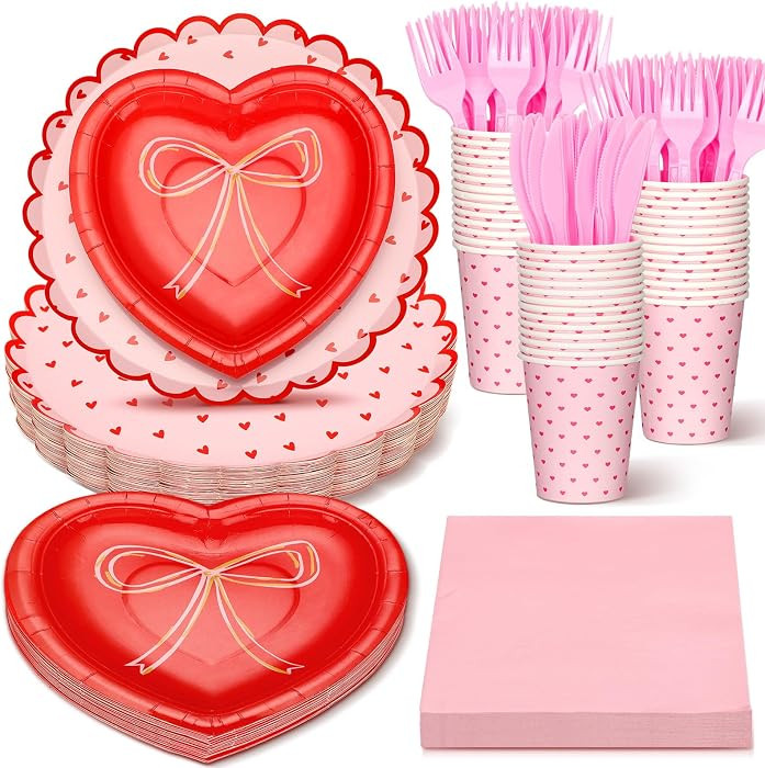 Zhehao 144 Pcs Valentine's Day Party Supplies Set for 24 Red Heart Bow Decorations Valentines Lov... | Amazon (US)