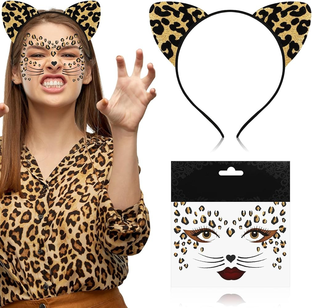 Eaasty 2 Pcs Animal Costume Ears Headband Animal Temporary Face Tattoos for Halloween Cosplay Gir... | Amazon (US)