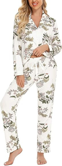 Anjue Pajamas for Women Soft Button Up Pajama Set Long Sleeve Shirt and Pajama Pants Lounge Sets ... | Amazon (US)