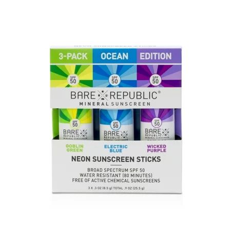 Bare Republic Mineral Neon Color Stick Three-Pack - Ocean, SPF 50, Reef Friendly, Non-Nano, 80 Minut | Walmart (US)