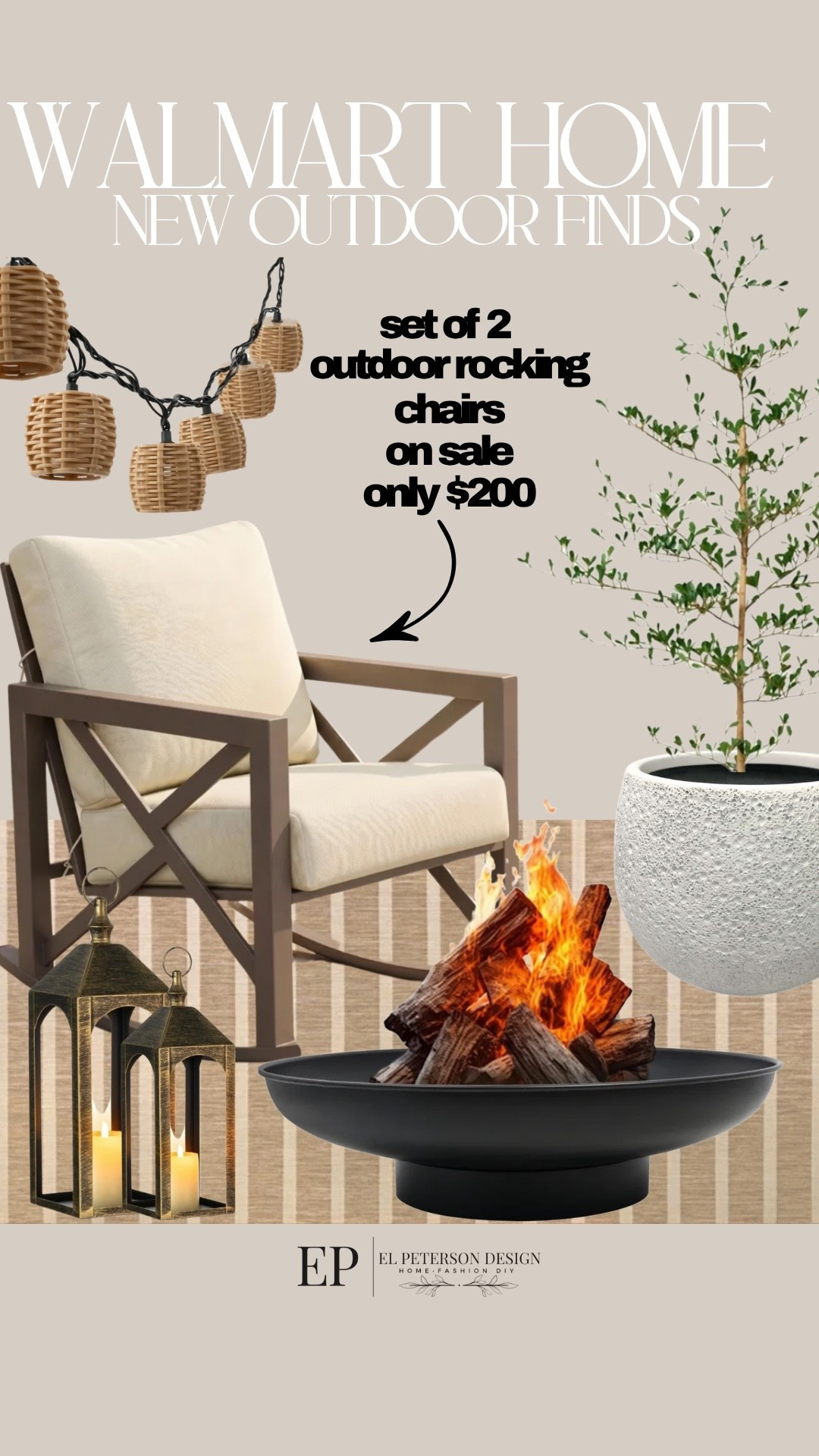 Walmart Outdoor
Rug
Planter
Fire pit
Set of 2 outdoor rocking chairs
String light
Faux plant 
Floor lanterns

#LTKHome