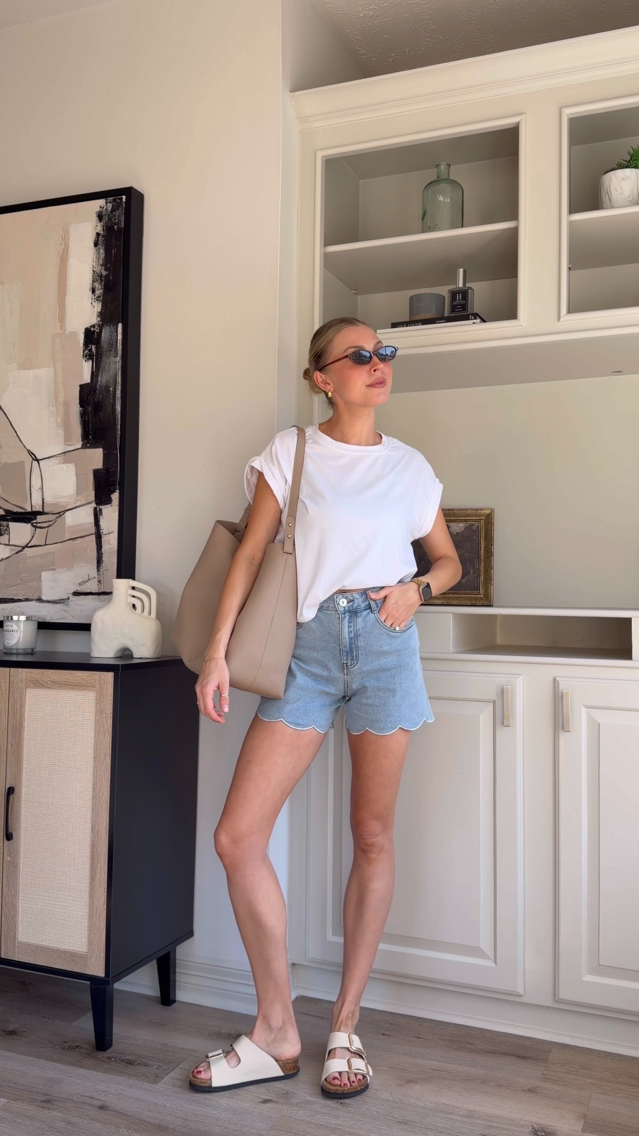 Everyday mom outfit inspo | size 2 in denim shorts + M in boxy tee 

 