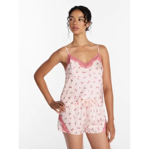 Joyspun Women’s Lace Trim Stretch Satin Cami and Shorts Set, 2-Piece, Sizes XS-3X | Walmart (US)