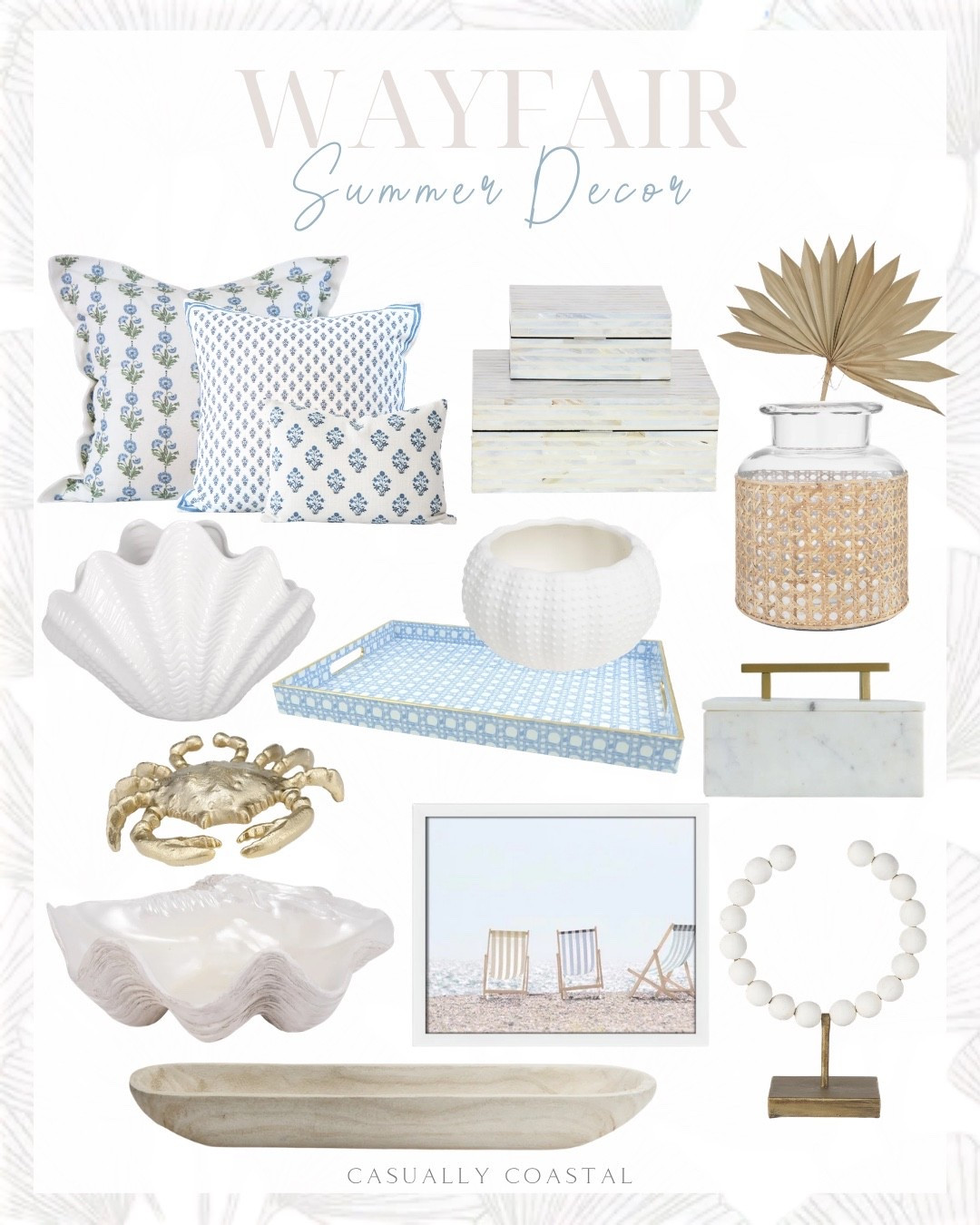 Wayfair Summer Decor

coastal home decor, summer home, beach home decor, coastal pillows, coastal vase, coastal wall art, coastal bowl, coastal boxes, table vase, 20” plant, coastal plant, marble decorative box, coastal plastic tray, polyresin decorative bowl, ceramic shell, abstract figurine, abstract sculpture, metal crab, flower pillow covers, blue and green pillow covers, beach chairs framed photo, paulownia wood tray, decorative box set, dish porcelain, vase filler, dried palm leaf, coastal sculpture, round hurricane, wayfair decor

#LTKHome #LTKSeasonal