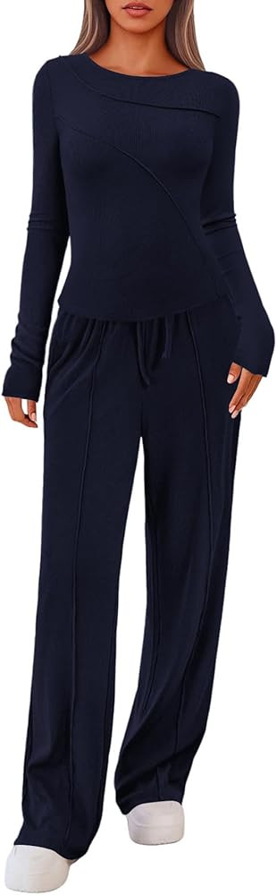 Lazysmile Lounge Sets For Women 2 Piece Sets Fall Outfits Long Sleeve Tops with Wide Legs Pants C... | Amazon (US)
