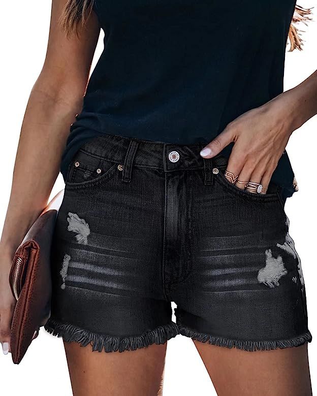 ZOLUCKY Women's Casual Summer Denim Shorts Mid Waisted Stretchy Ripped Jean Shorts with Pockets | Amazon (US)