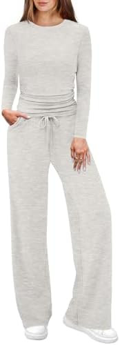 WIHOLL Lounge Sets for Women 2 Piece Vacation Outfits Long Sleeve Tops with Side Ruched Wide Leg ... | Amazon (US)