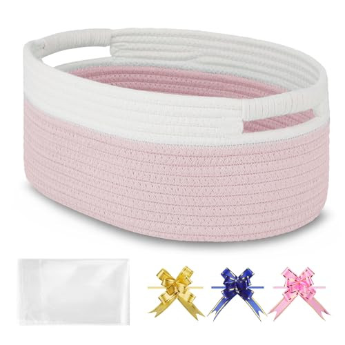 BOSROTY Small Woven Basket with Gift Bags and Ribbons, Empty Baby Gift Baskets, Shelf Storage, Small Cat Dog Pet Toy Boxes, 13”x 9”x 5.5”, Light Pink | Amazon (US)