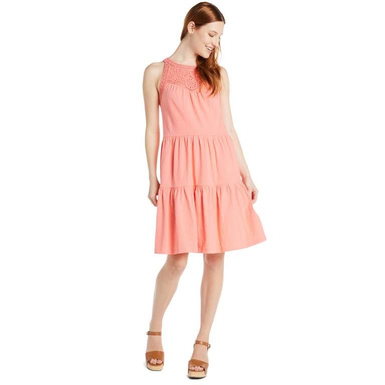 Time and Tru Women's Sleeveless Tiered Cotton Dress with Crochet Trim, Sizes XS-XXXL | Walmart (US)