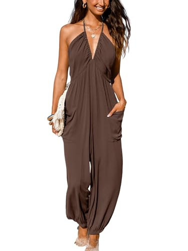 CUPSHE Women's Summer Overall Jumpsuit Plunging Halter Sleeveless Casual Dressy Outfit Wide Leg Pockets Maxi Romper Coffee, XS | Amazon (US)