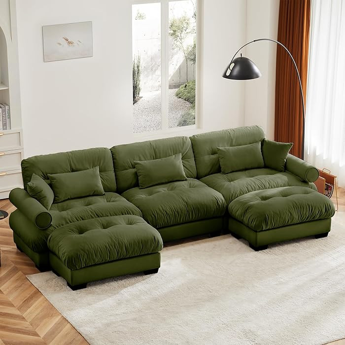 U Shape Modular Velvet Sofa with Olive Green Movable Ottomans, Modern 3 Seat Corner Couch with Bo... | Amazon (US)