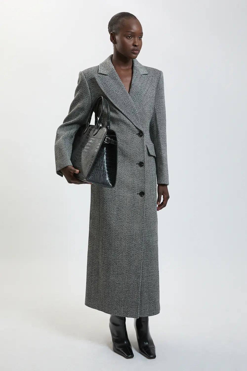 Herringbone Wool Blend Tailored Fitted Maxi Coat | Karen Millen