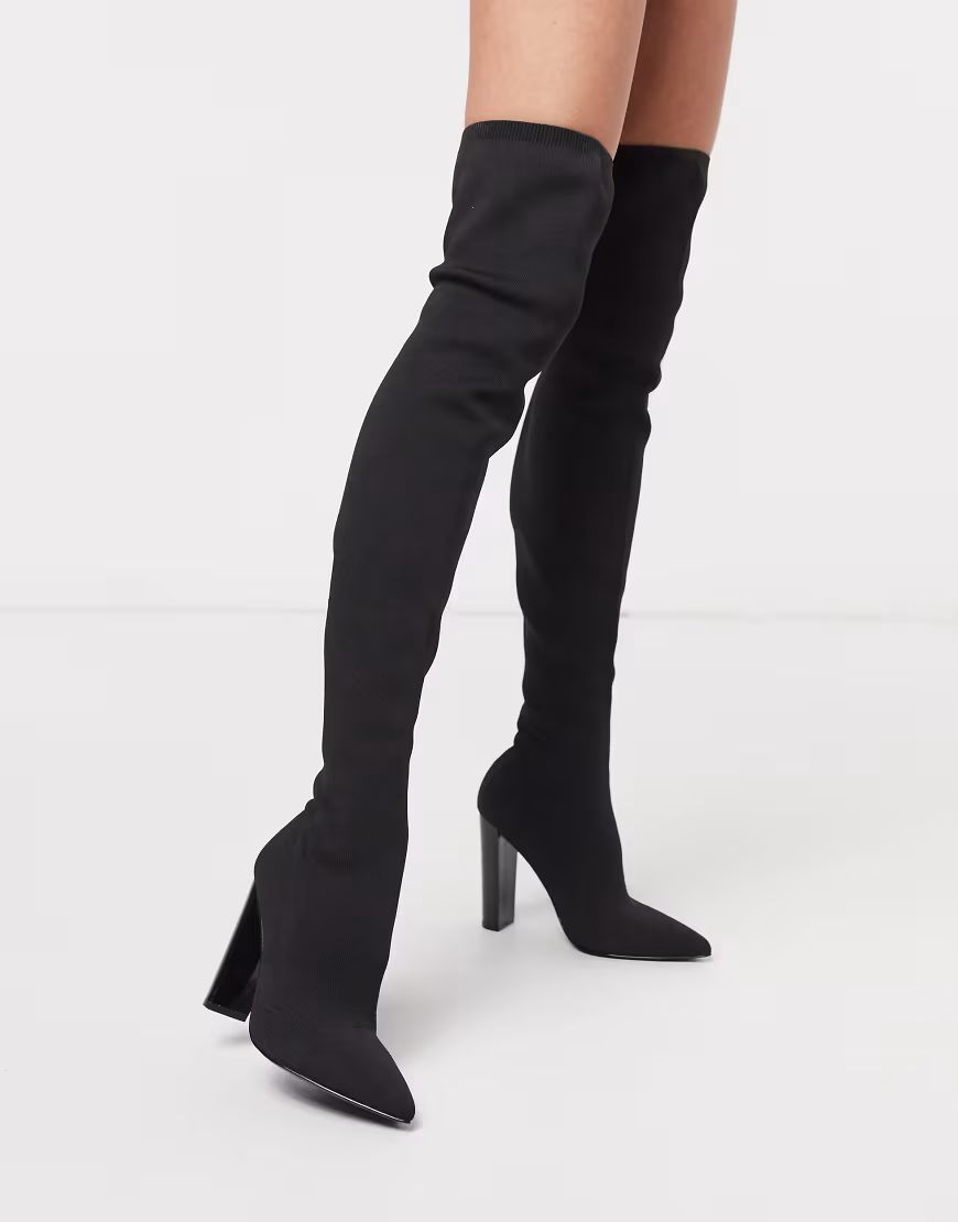 ASOS DESIGN Kudos knitted block heel thigh high boots in black | ASOS (Global)