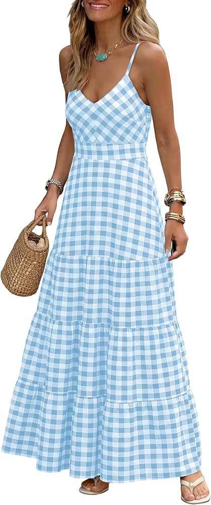 Caracilia Summer Maxi Dresses for Women Spaghetti Strap Back Smocked A Line V Neck Casual Long Dr... | Amazon (US)