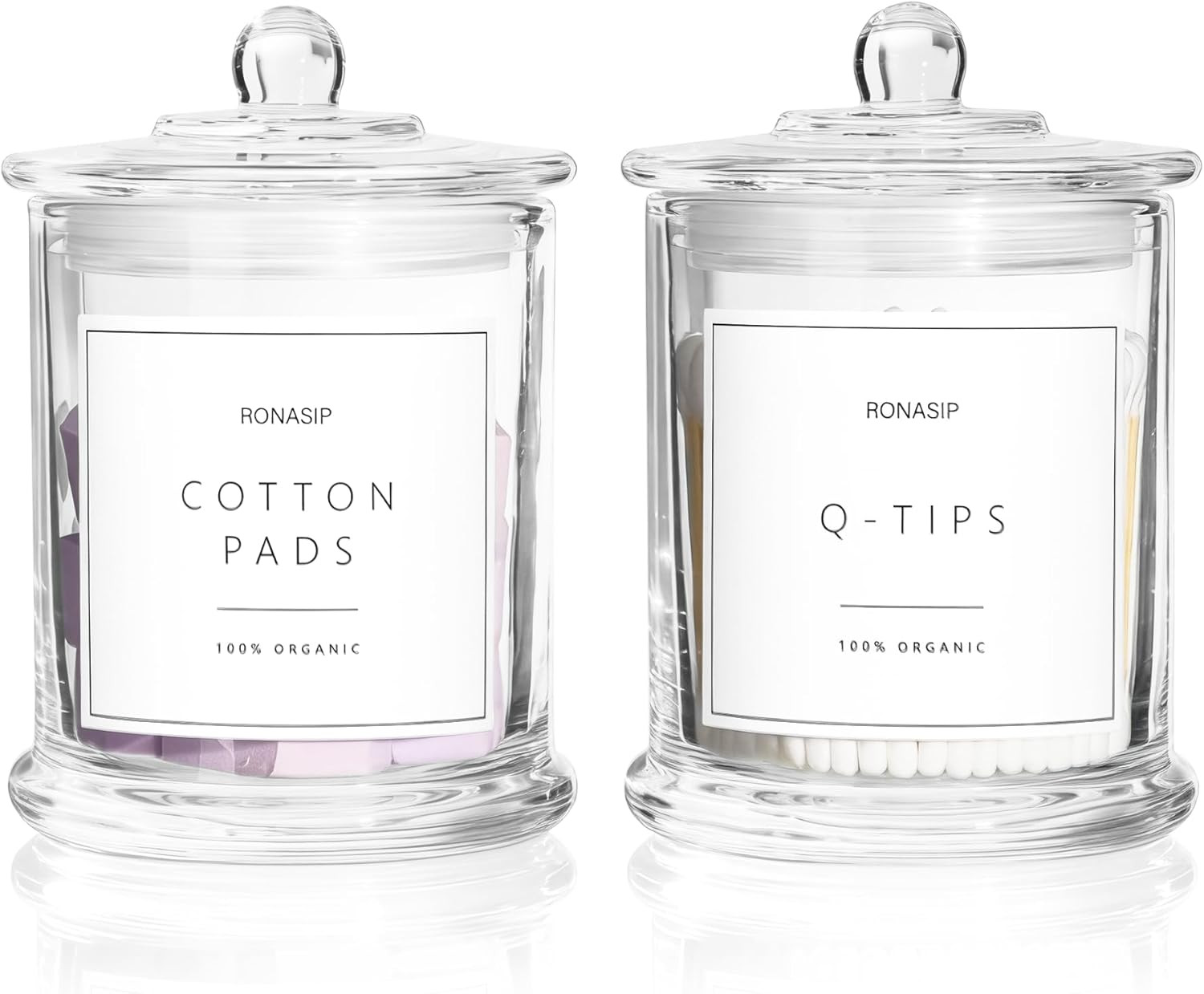 Qtip Holder & Cotton Pad Dispenser, Bathroom Organizer and Storage Canisters, 16oz Glass Apothecary Jars for Kitchen, Restroom - Home Decor, Room Decor Aesthetic (2 Pack, Transparent) | Amazon (US)