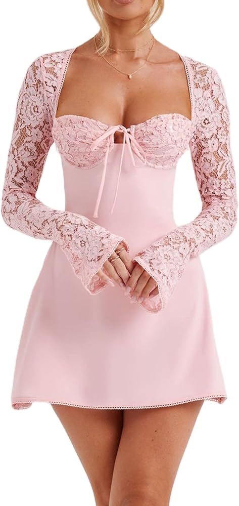SOLILOQUY Women Y2K Long Sleeve Dress Irregular Hem Off Shoulder Bodycon Party Mini Dress Nightou... | Amazon (US)