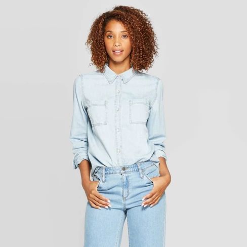 Women's Long Sleeve Collared Labette Denim Woven Shirt - Universal Thread™ Blue | Target