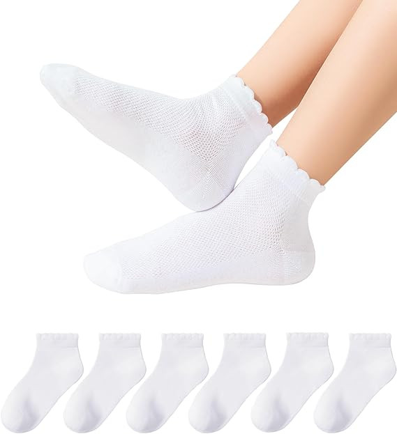 Girls White Ruffle Socks School Uniform Kids Cotton Crew Ankle Cute Frilly Dress Socks 6 Pack | Amazon (US)