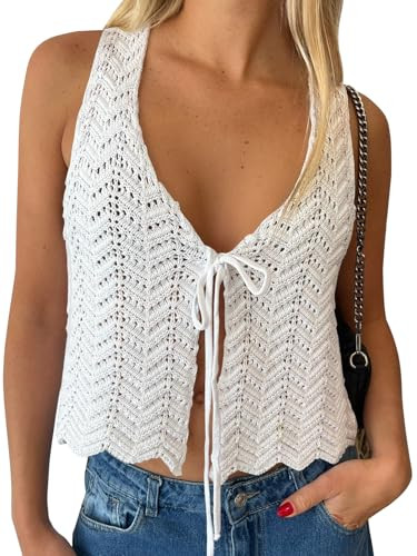 LILLUSORY Crochet Tops for Women Summer Vacation Outfits Beach Cover Up Tie Front Spring Sweater ... | Amazon (US)