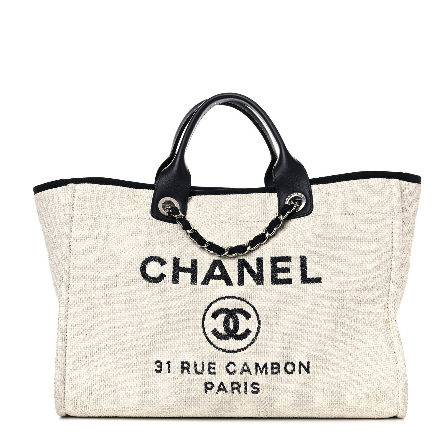 CHANEL Woven Straw Raffia Medium Deauville Tote White Navy | FASHIONPHILE | Fashionphile