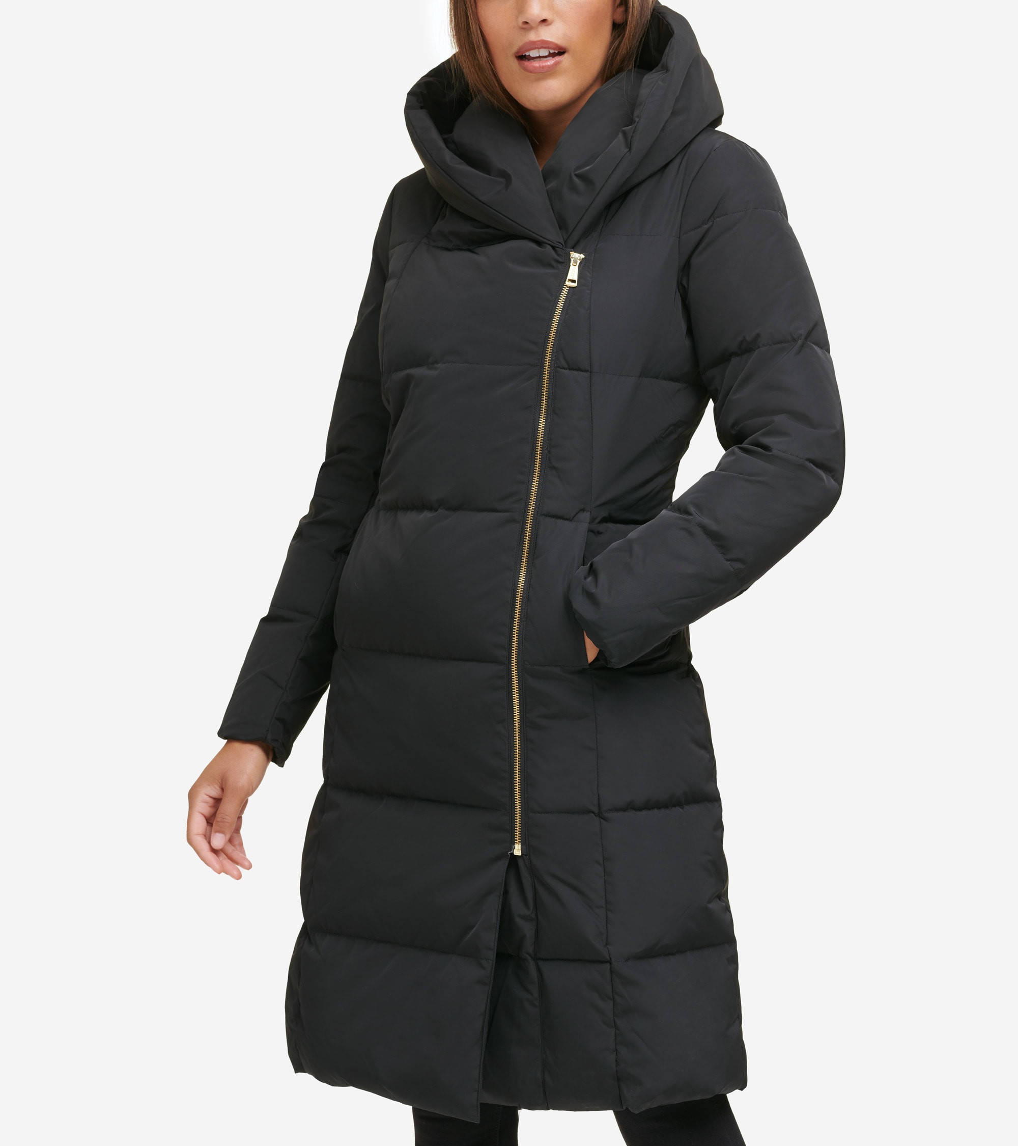 Women's Signature Asymmetrical Collar Convertible Coat 40in in Black | Cole Haan | Cole Haan (US)
